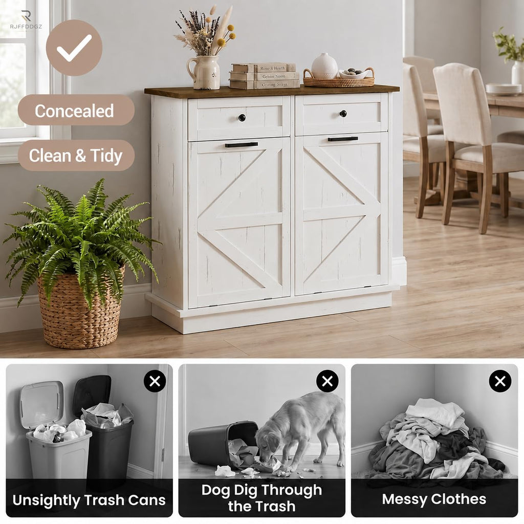 White Double Tilt Out Trash Can Cabinet with 2 Drawers B518224