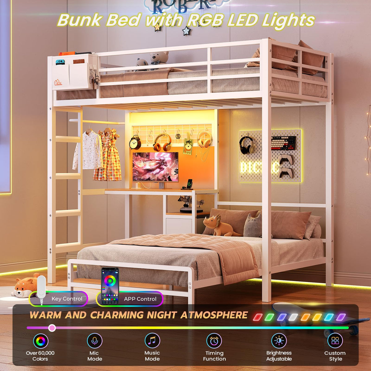 Twin Over Twin White Bunk Bed with Desk E427002