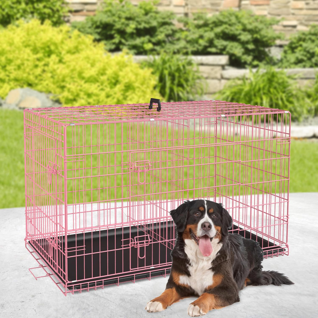 48" Large Double Door Folding Metal Wire Dog Crate with Divider Panel I511