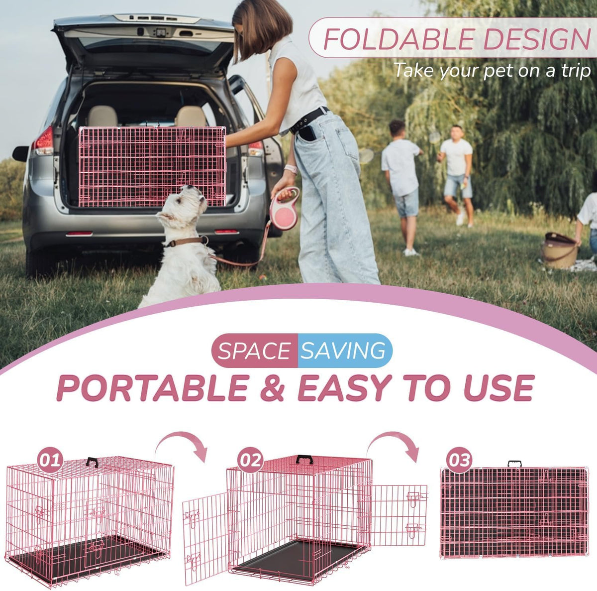48" Large Double Door Folding Metal Wire Dog Crate with Divider Panel I511