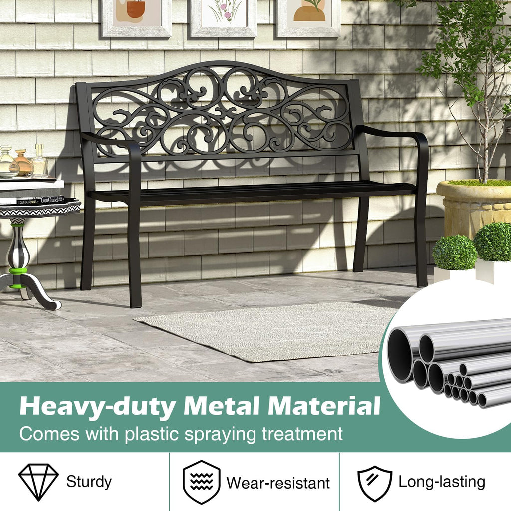 50 Inches Black Cast Iron Metal Patio Bench with Floral Backrest N40657