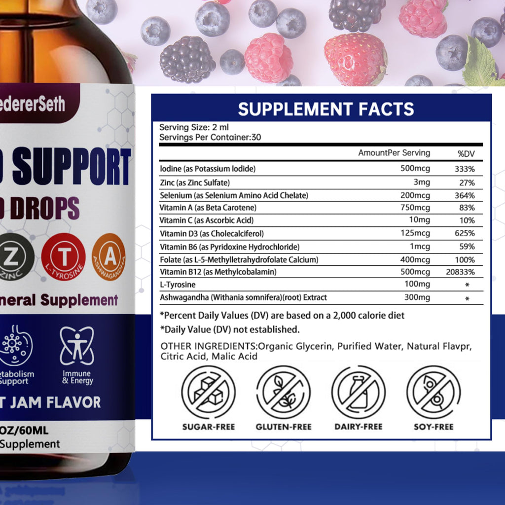 Liquid Thyroid Support Supplement with Selenium Zinc Iodine 2 Fl. Oz T172