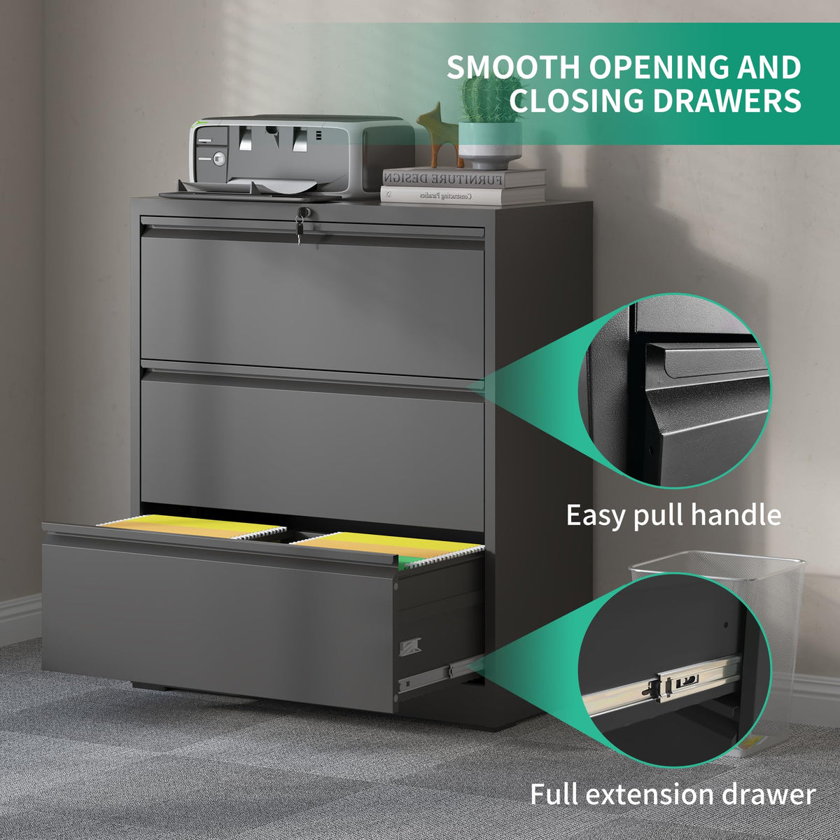 Black 3 Drawer Locking Metal File Cabinet G75484