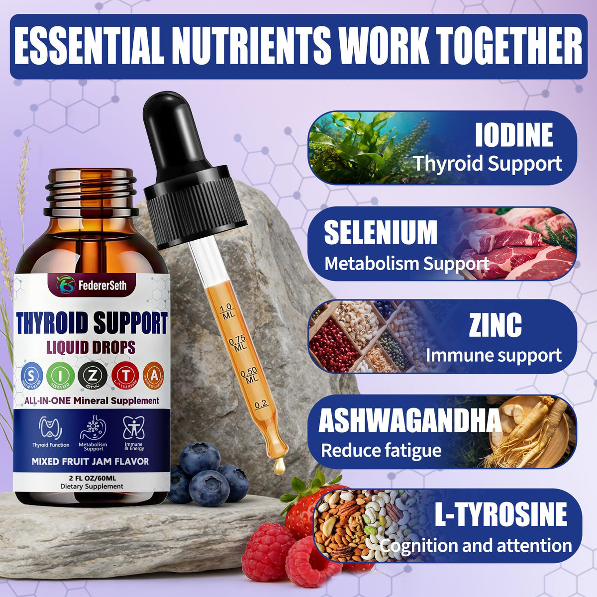Liquid Thyroid Support Supplement with Selenium Zinc Iodine 2 Fl. Oz T172