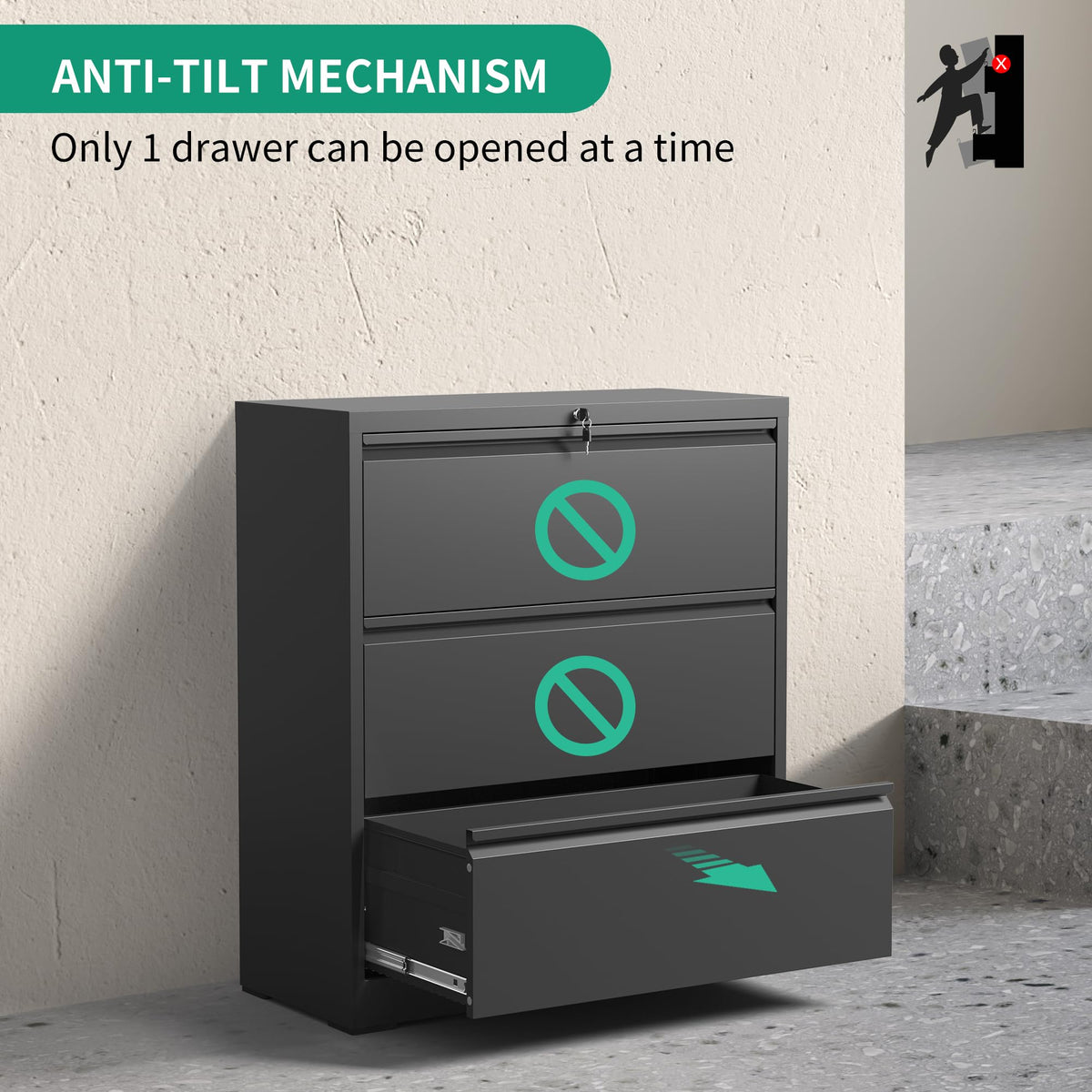 Black 3 Drawer Locking Metal File Cabinet G75484