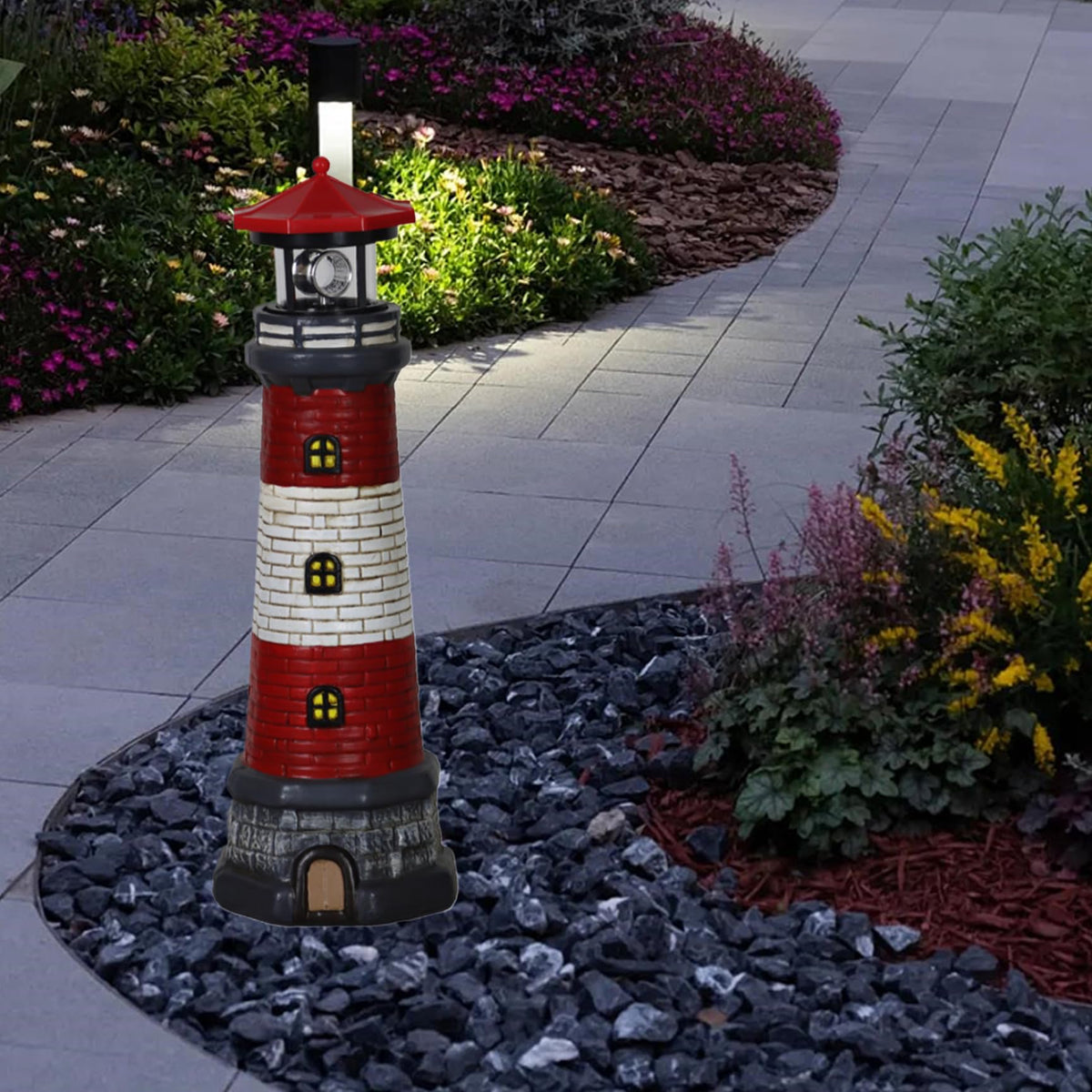 Solar Lighthouse with Rotating LED Lights, 4.7x4.7x14.8 Decorative Garden Statues, Red T51333
