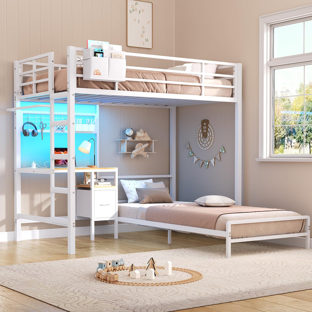 Twin Over Twin White Bunk Bed with Desk E427002