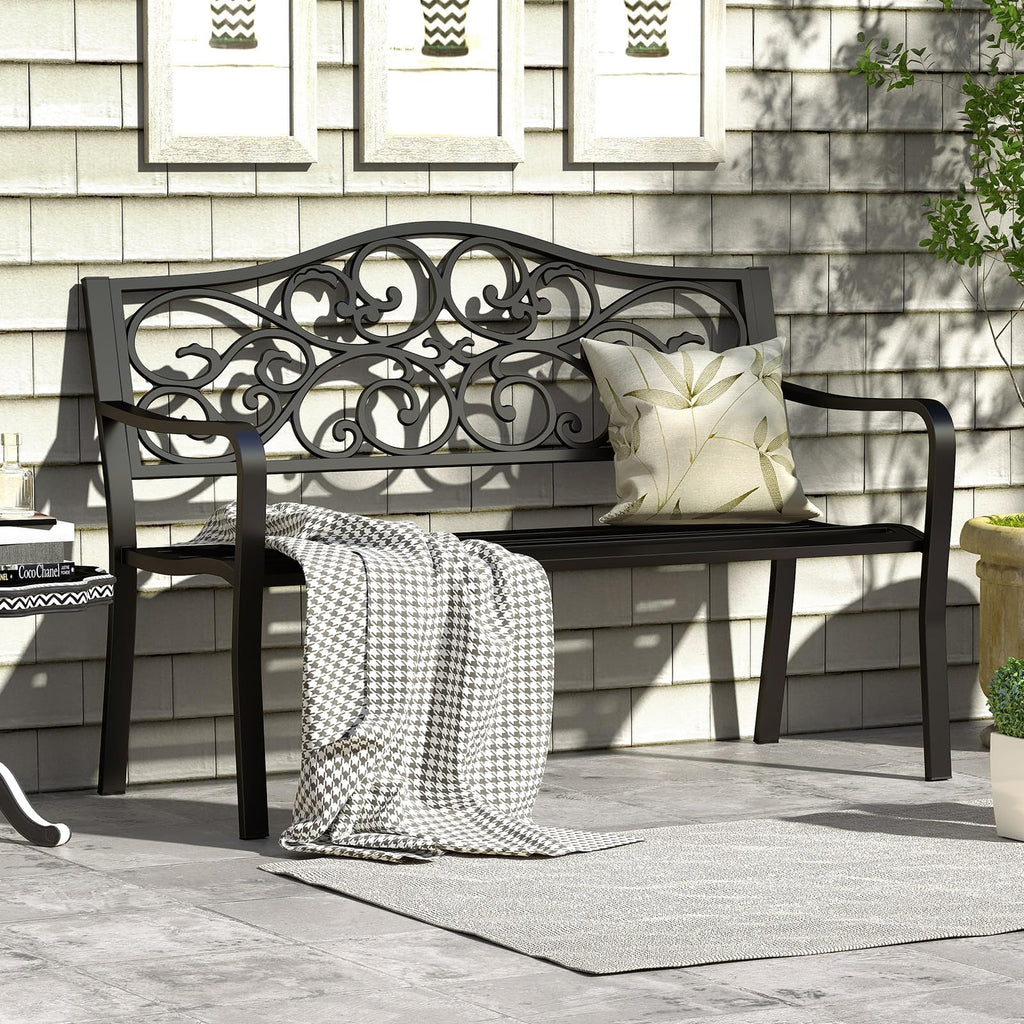 50 Inches Black Cast Iron Metal Patio Bench with Floral Backrest N40657