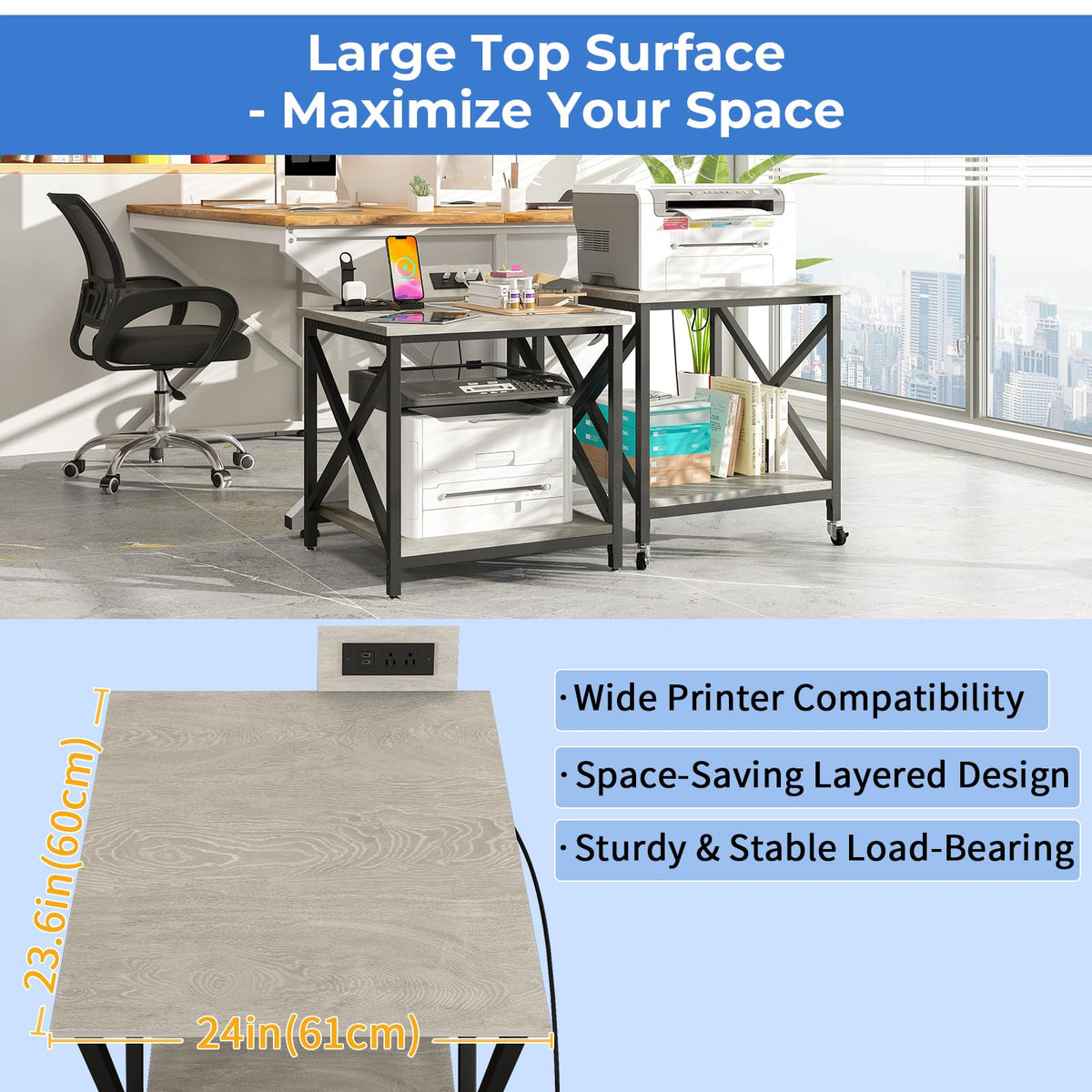24"x23.6" Printer Stand with Power Outlet P129
