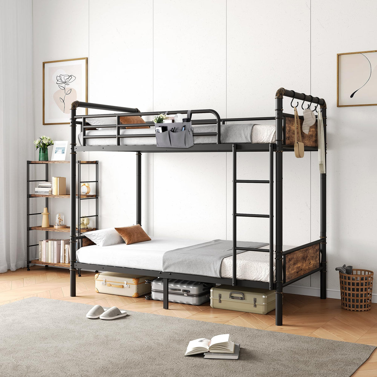 Twin Over Twin Metal Bunk Bed with Ladder and Guardrail I601710