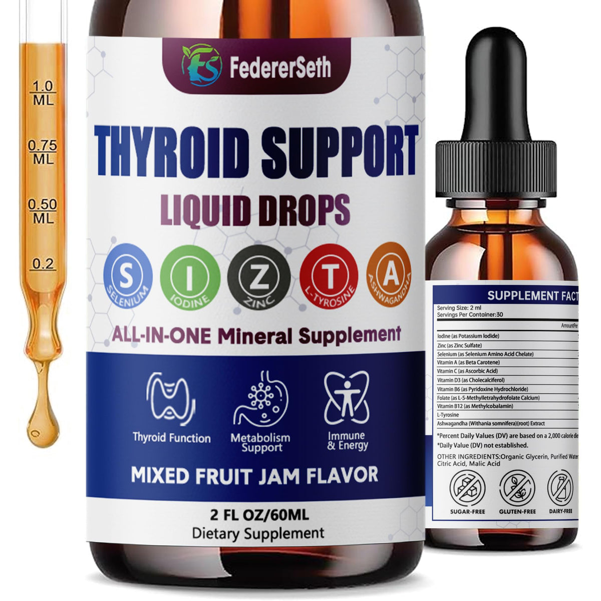 Liquid Thyroid Support Supplement with Selenium Zinc Iodine 2 Fl. Oz T172