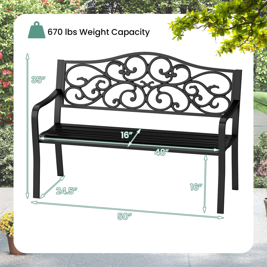 50 Inches Black Cast Iron Metal Patio Bench with Floral Backrest N40657