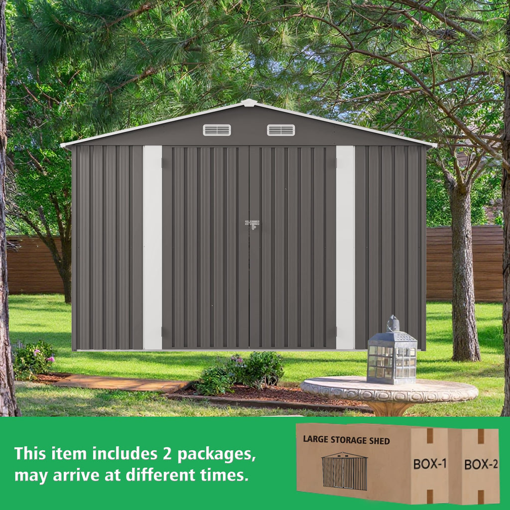10x12 FT Grey Metal Storage Shed with Double Doors W698158