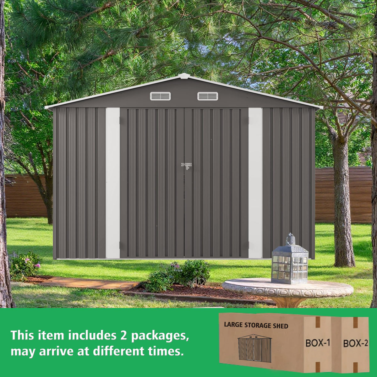 10x12 FT Grey Metal Storage Shed with Double Doors W698158