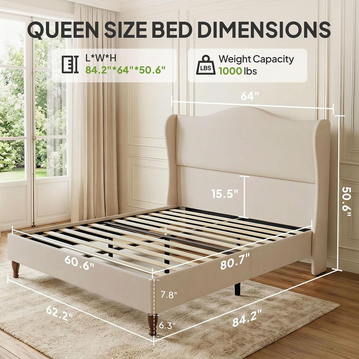 Queen Size Fabric Upholstered Platform Bed with Wooden Slats R1845