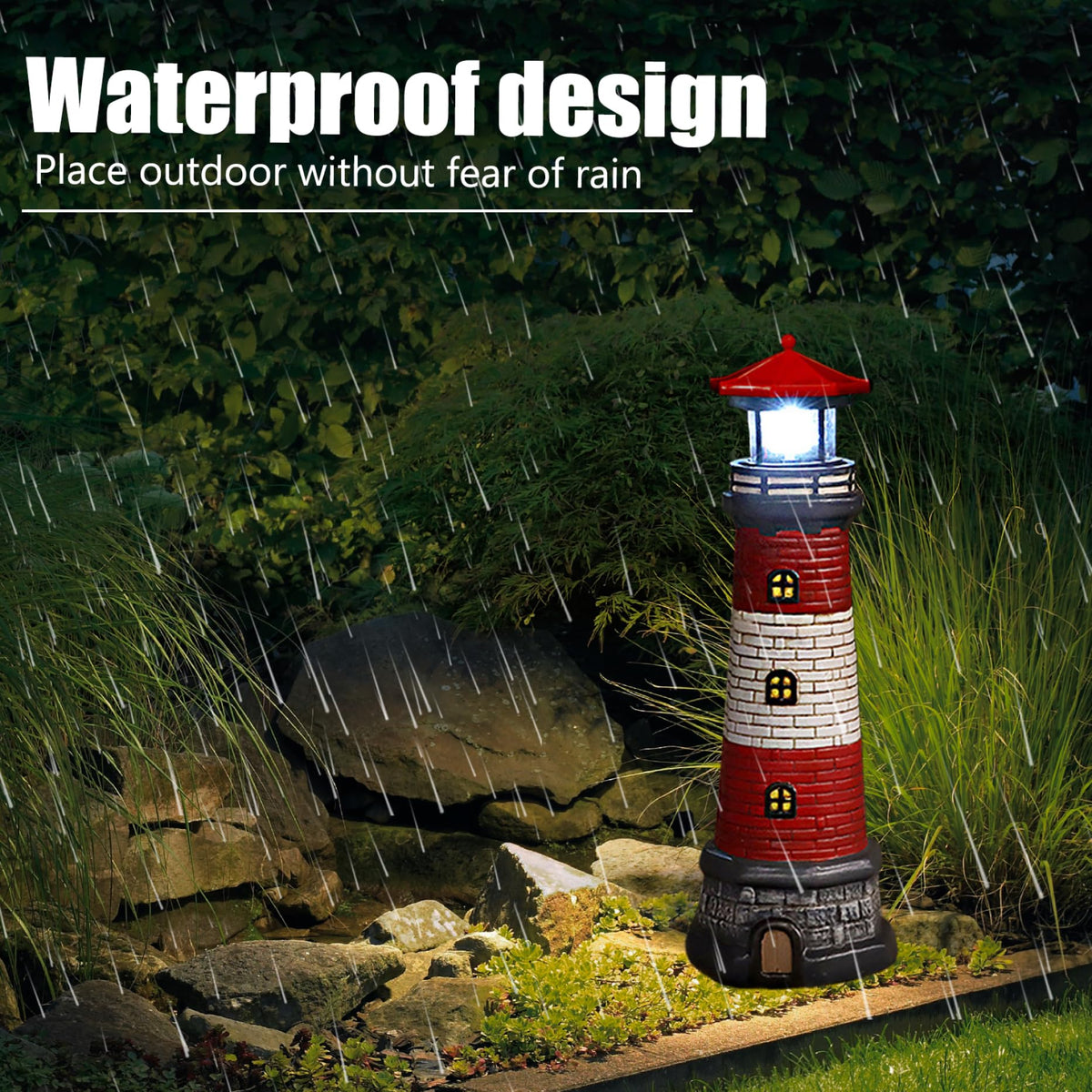 Solar Lighthouse with Rotating LED Lights, 4.7x4.7x14.8 Decorative Garden Statues, Red T51333