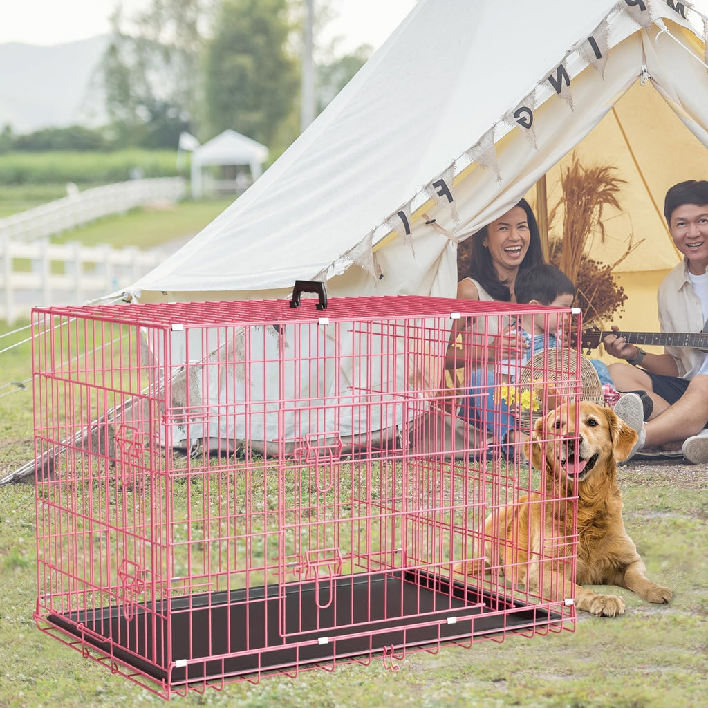 48" Large Double Door Folding Metal Wire Dog Crate with Divider Panel I511