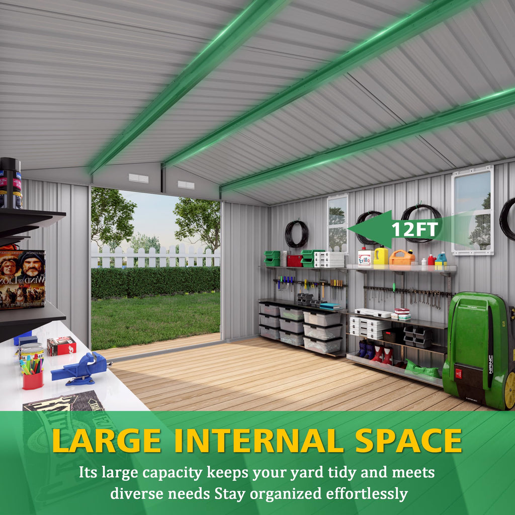 10x12 FT Grey Metal Storage Shed with Double Doors W698158