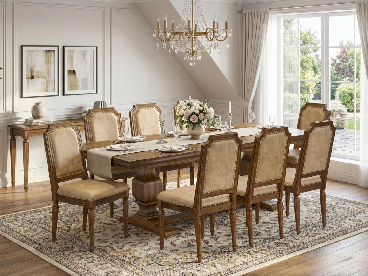9 Piece Dining Table and 8 Beige Polyester Fabric Chairs J551