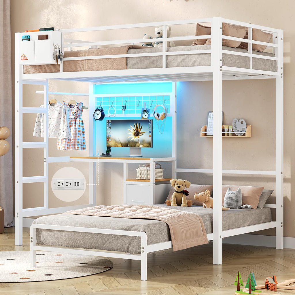 Twin Over Twin White Bunk Bed with Desk E427002