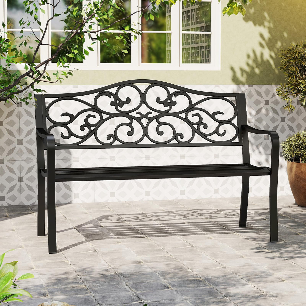 50 Inches Black Cast Iron Metal Patio Bench with Floral Backrest N40657