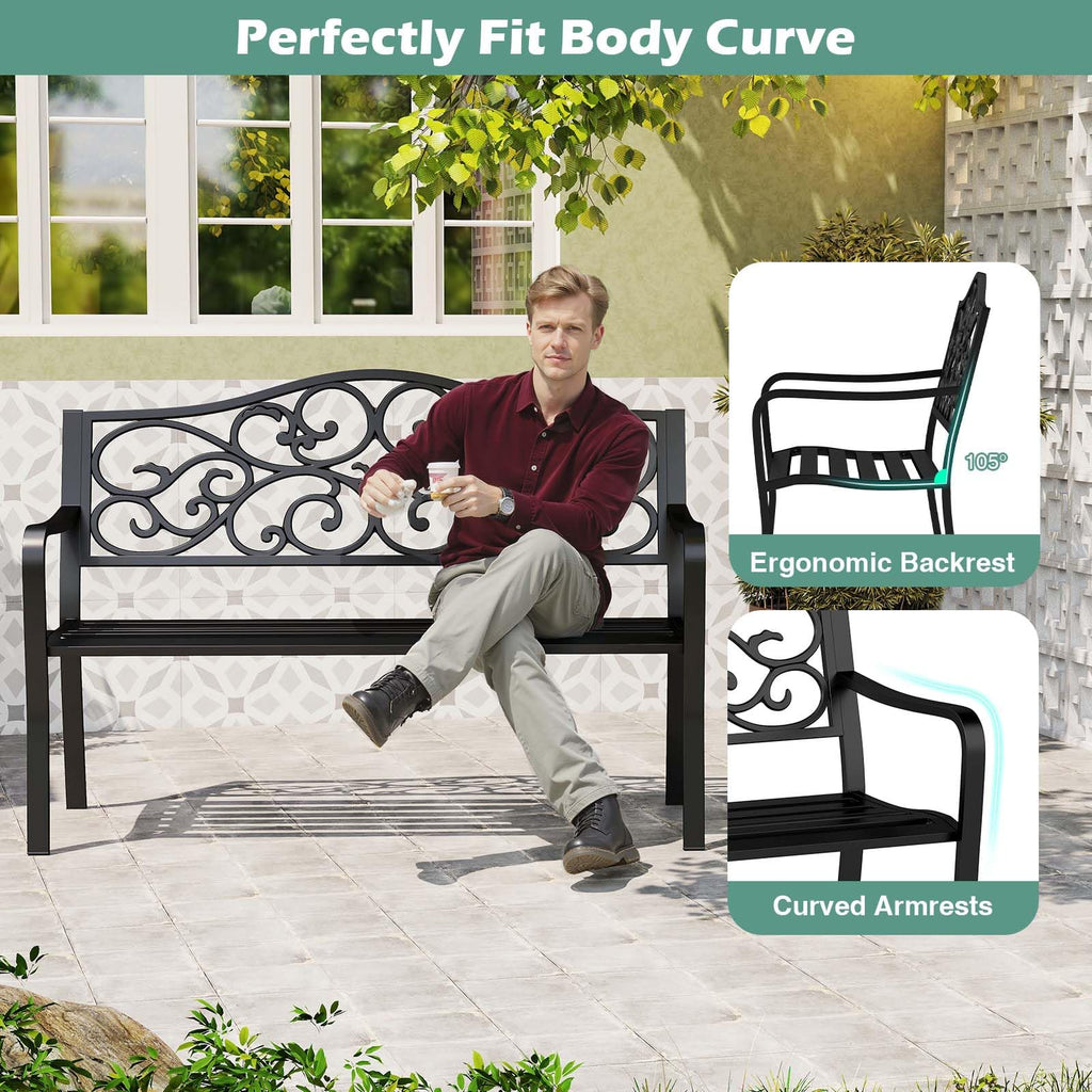 50 Inches Black Cast Iron Metal Patio Bench with Floral Backrest N40657