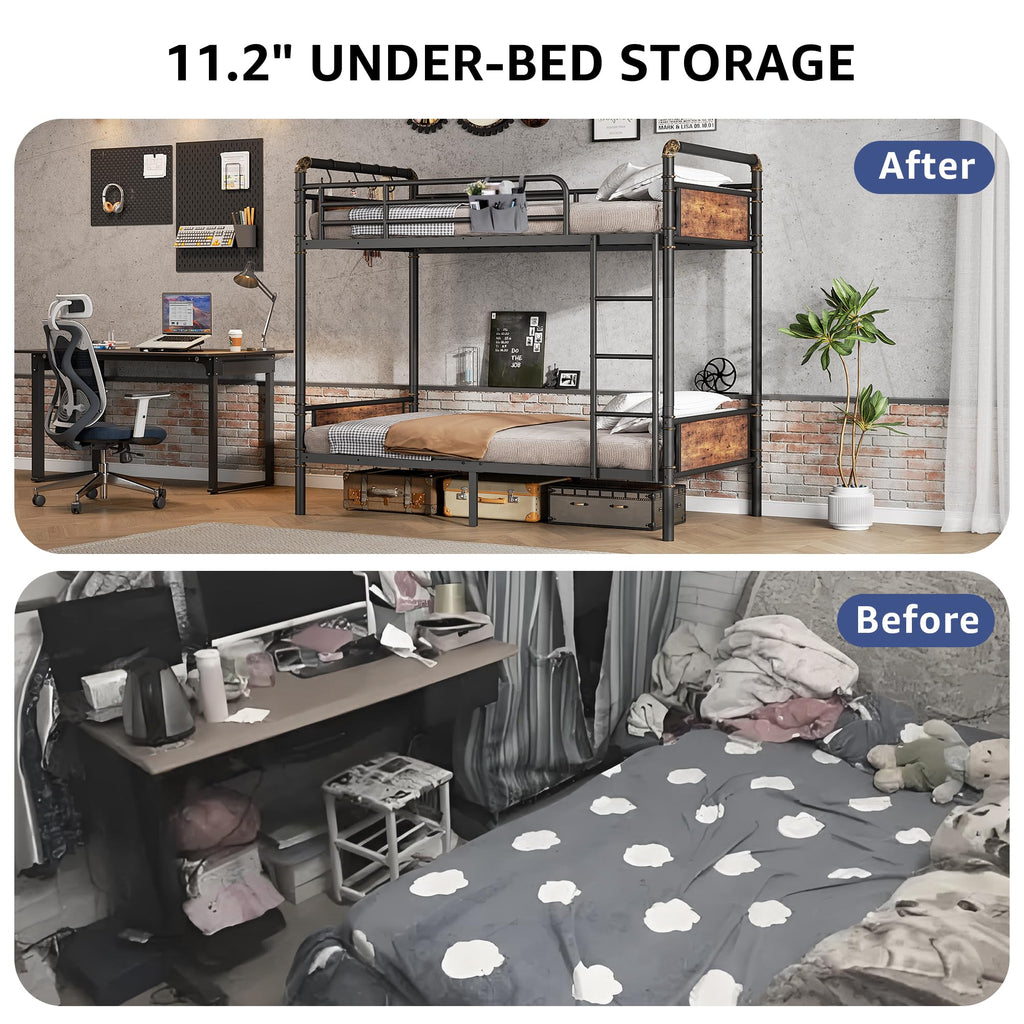 Twin Over Twin Metal Bunk Bed with Ladder and Guardrail I601710