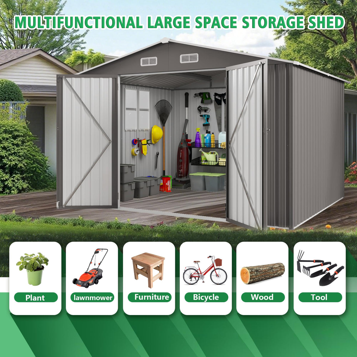 10x12 FT Grey Metal Storage Shed with Double Doors W698158