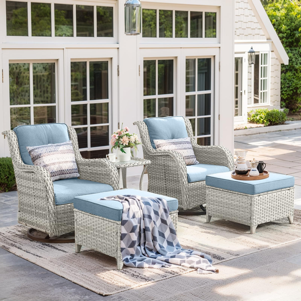 5 Piece Outdoor Swivel Rocker Chairs with Ottomans L96057