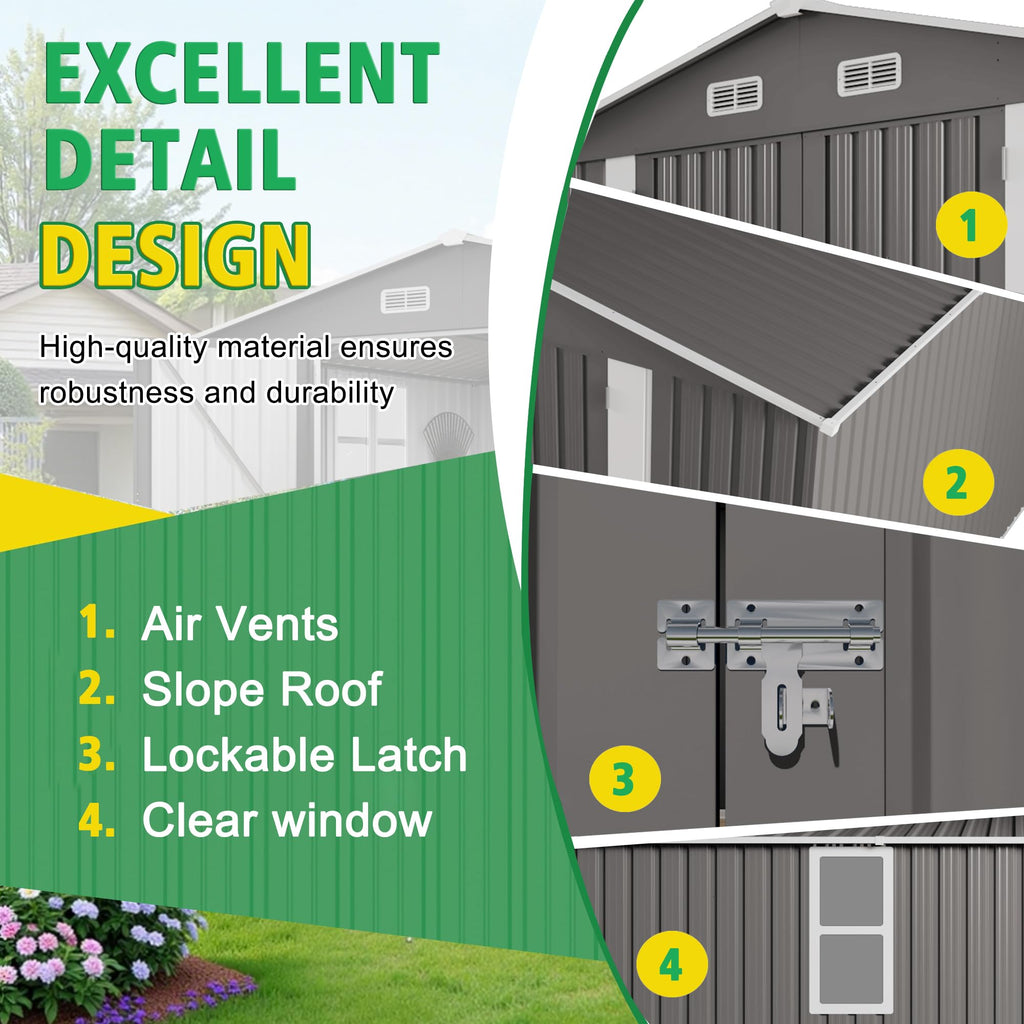 10x12 FT Grey Metal Storage Shed with Double Doors W698158