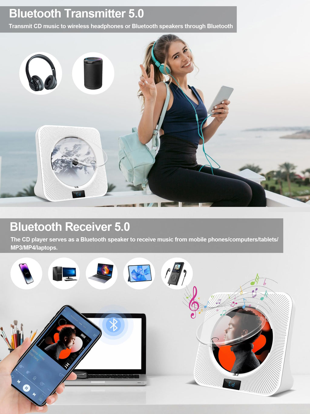 White Portable CD Player with Bluetooth O5198