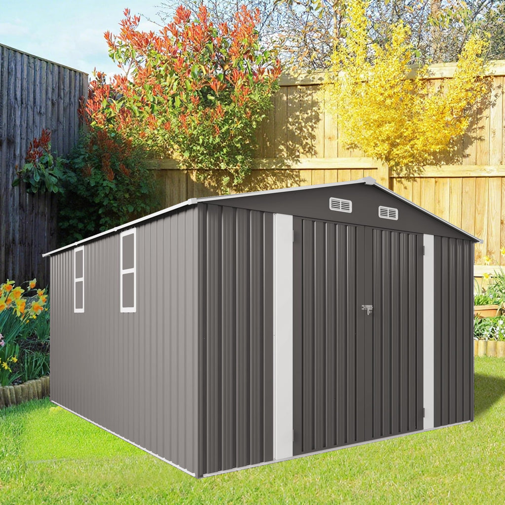 10x12 FT Grey Metal Storage Shed with Double Doors W698158