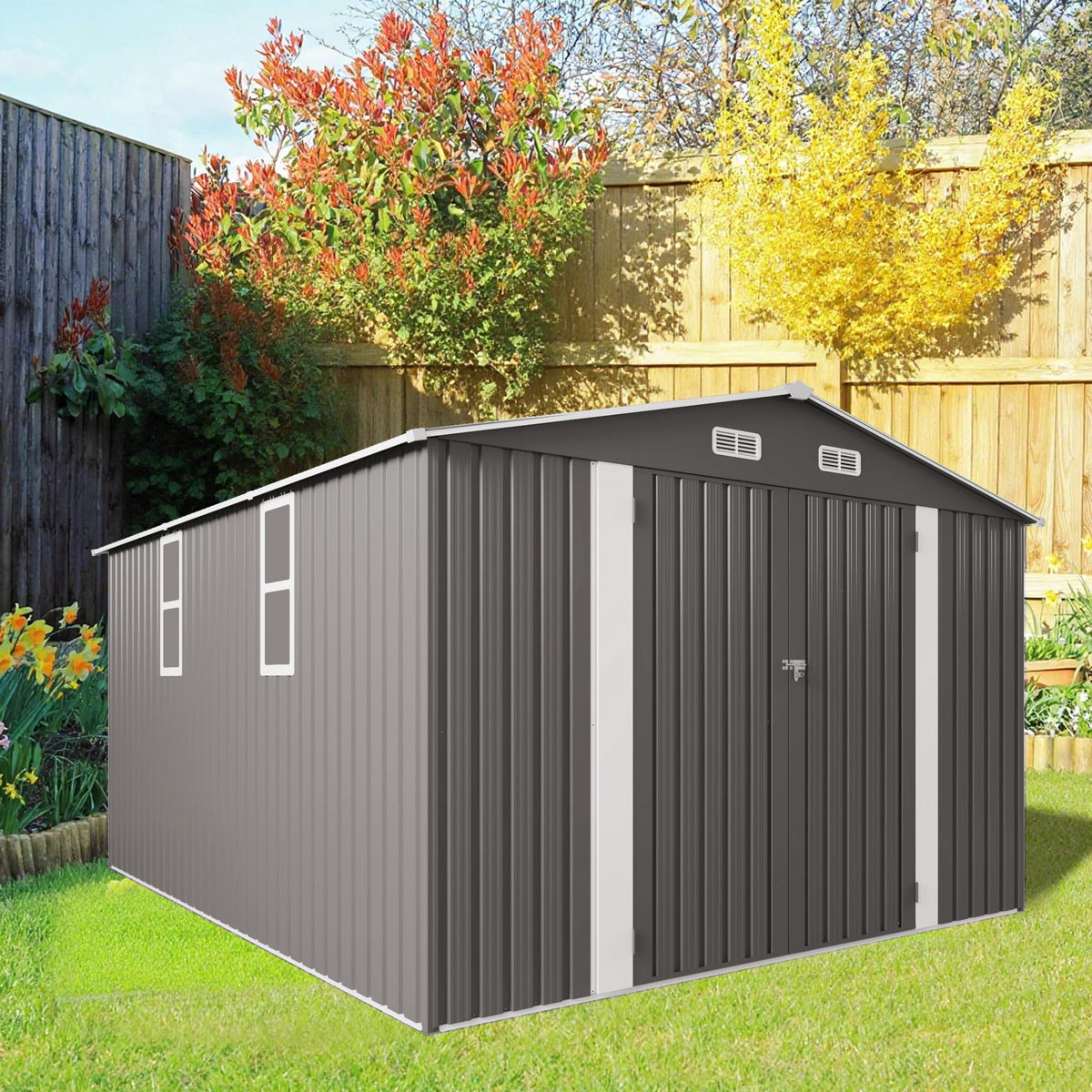 10x12 FT Grey Metal Storage Shed with Double Doors W698158