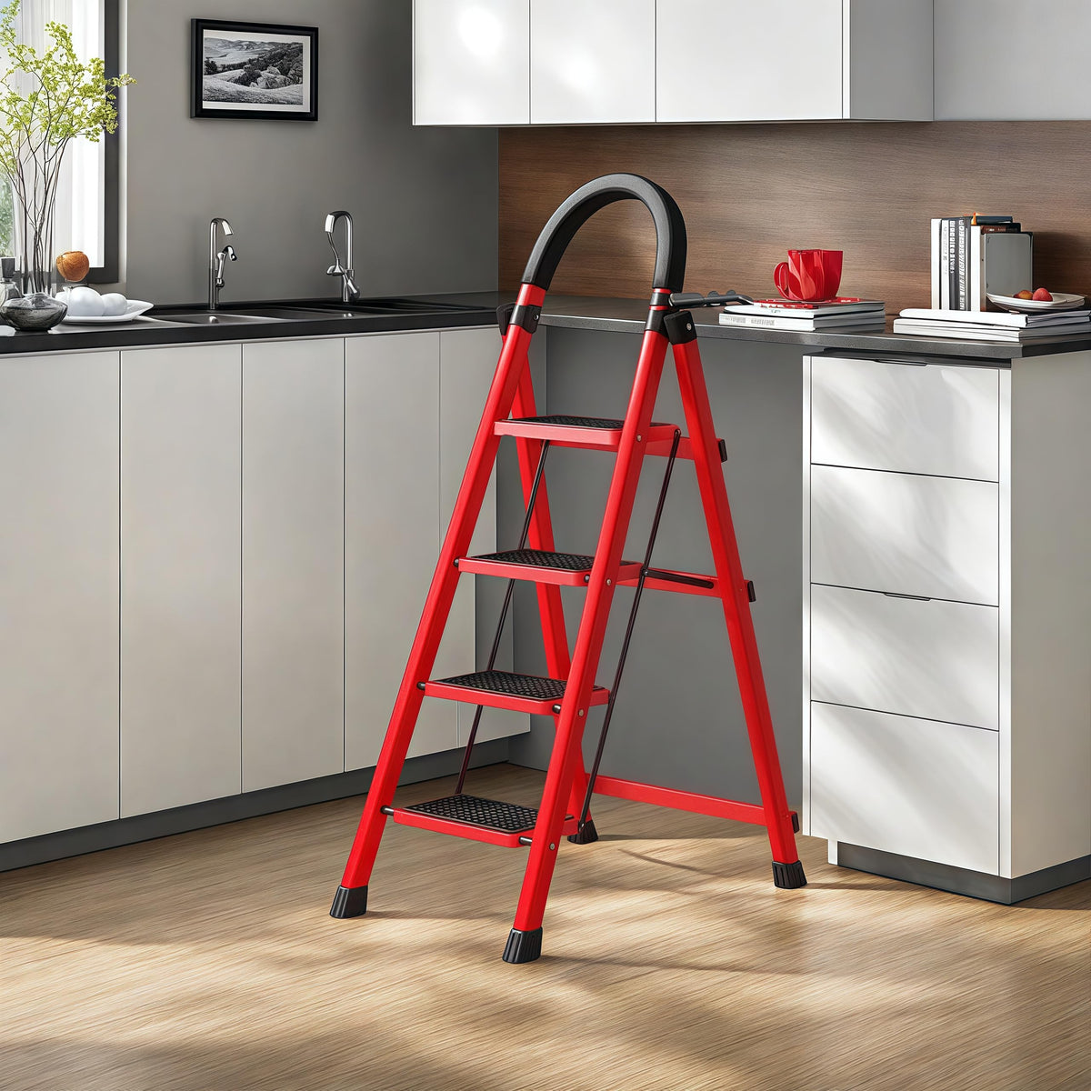 4 Step Folding Ladder with Handrails, Heavy Duty 800 lbs Step Stool V6129