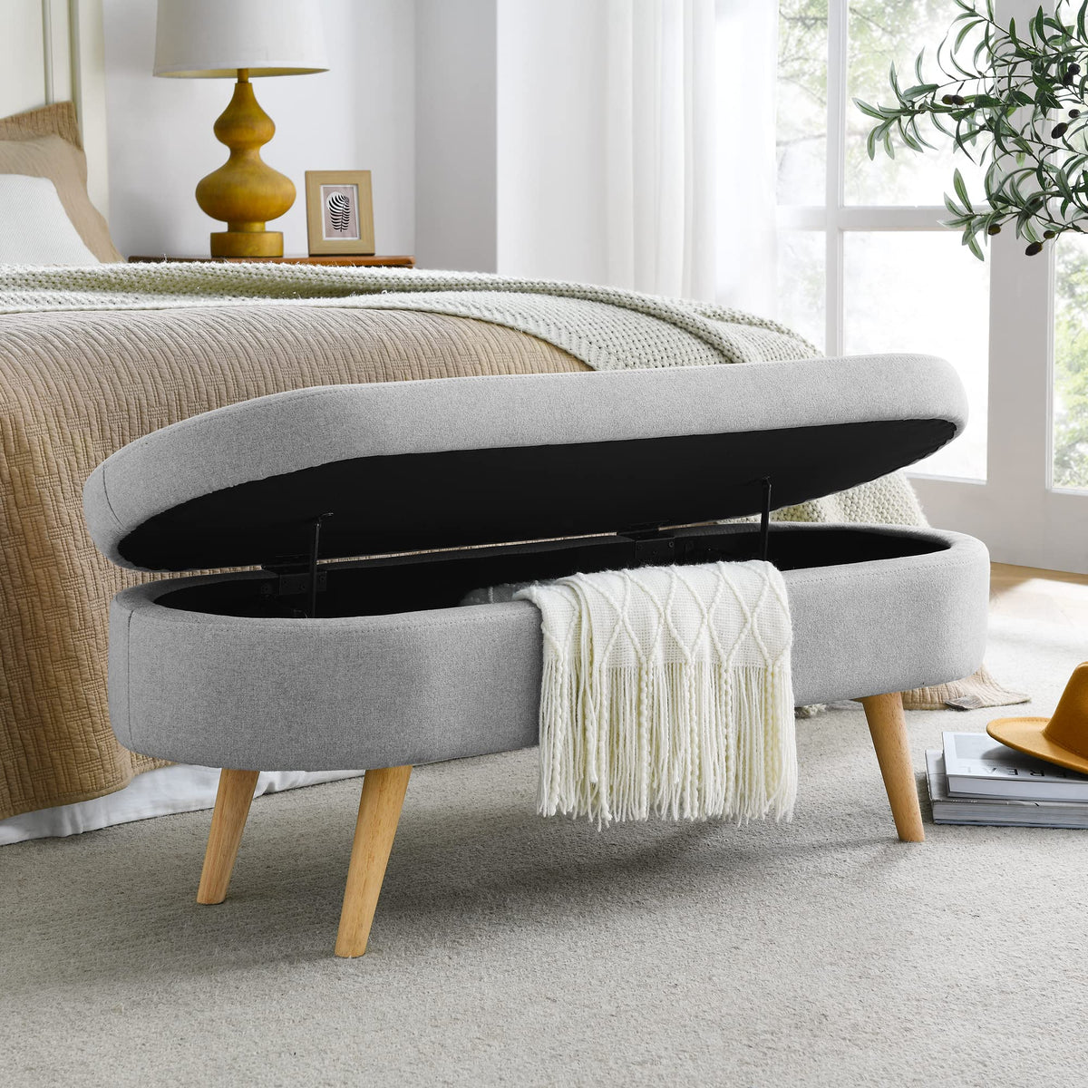 Grey Linen Oval Storage Ottoman Bench L685110