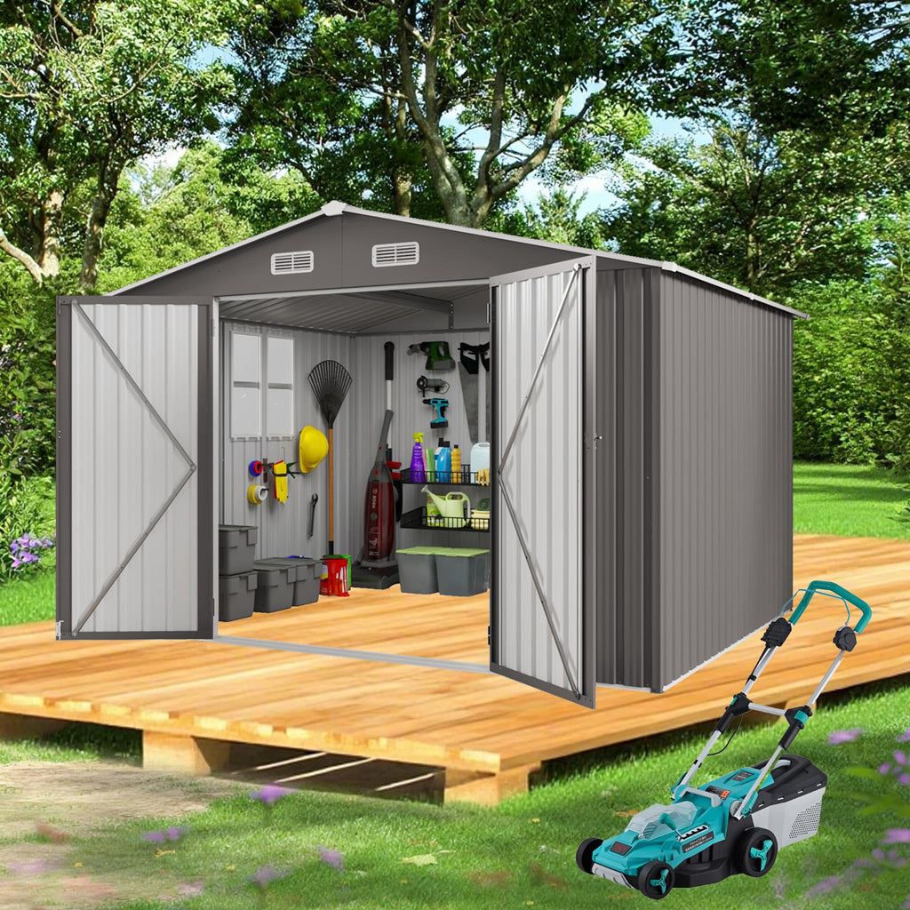 10x12 FT Grey Metal Storage Shed with Double Doors W698158