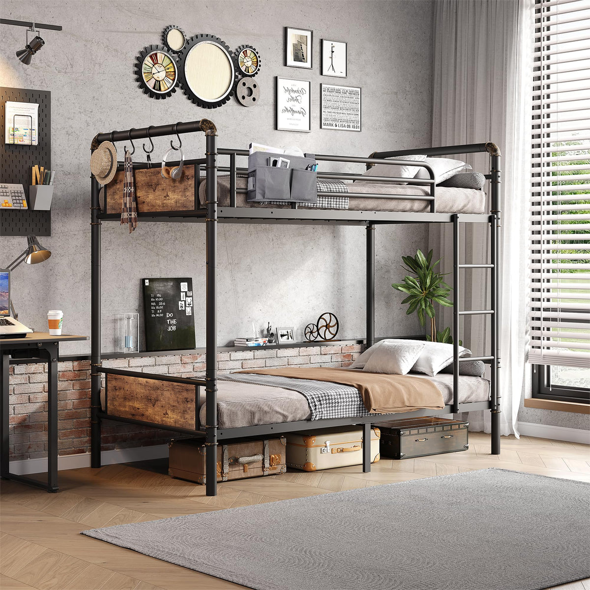 Twin Over Twin Metal Bunk Bed with Ladder and Guardrail I601710