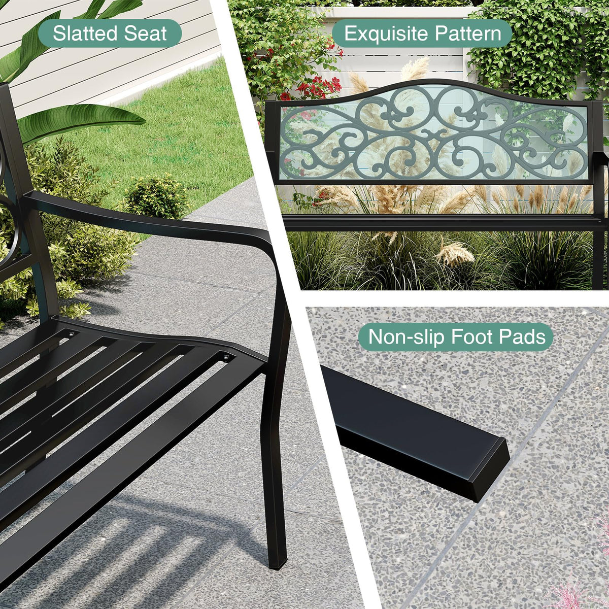 50 Inches Black Cast Iron Metal Patio Bench with Floral Backrest N40657