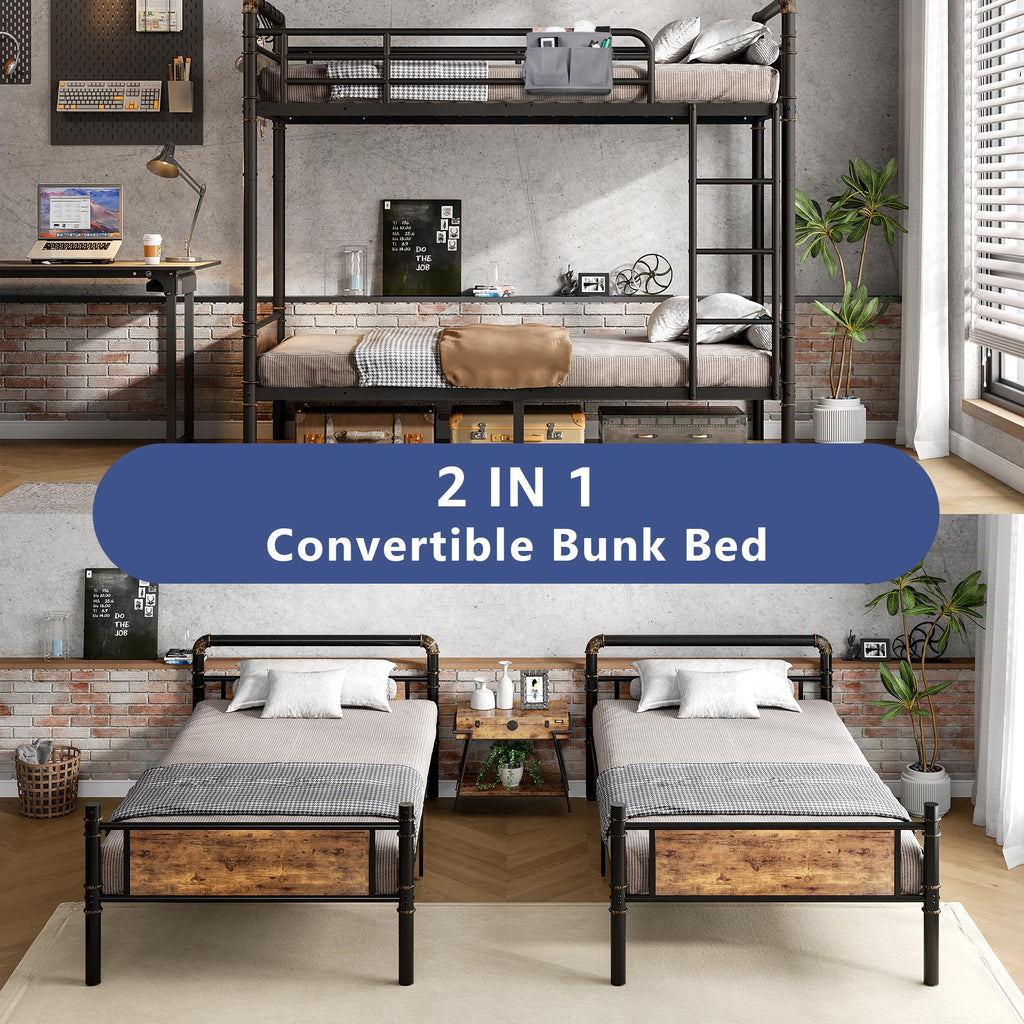 Twin Over Twin Metal Bunk Bed with Ladder and Guardrail I601710