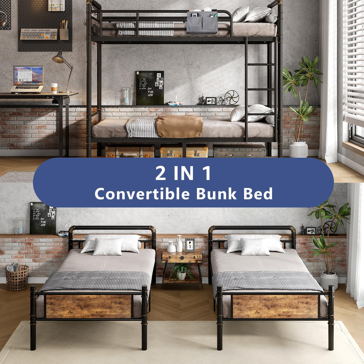 Twin Over Twin Metal Bunk Bed with Ladder and Guardrail I601710