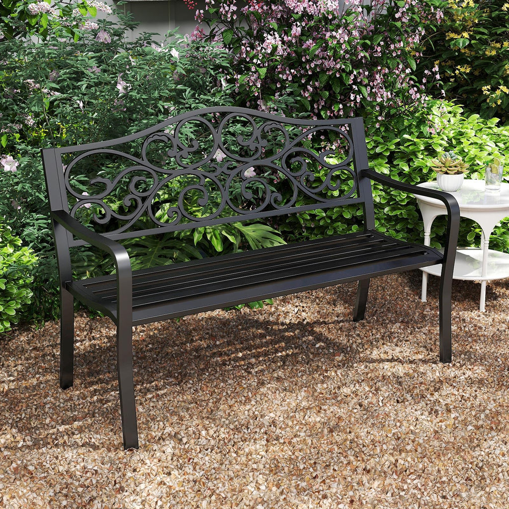 50 Inches Black Cast Iron Metal Patio Bench with Floral Backrest N40657