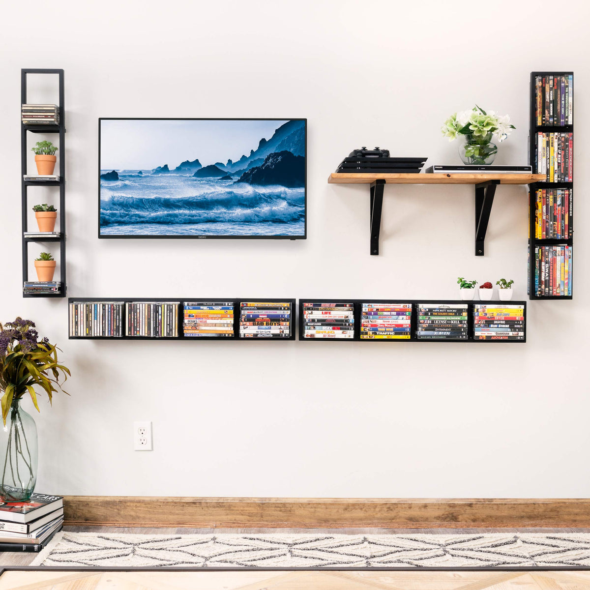34 Inch Media Storage Rack Organizer Metal Floating Shelf Set of 2 Black C62210
