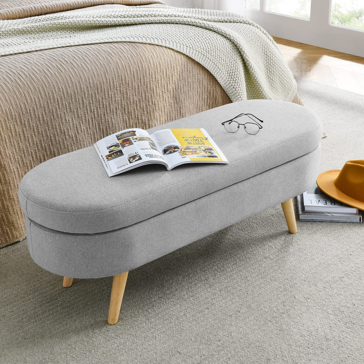 Grey Linen Oval Storage Ottoman Bench L685110