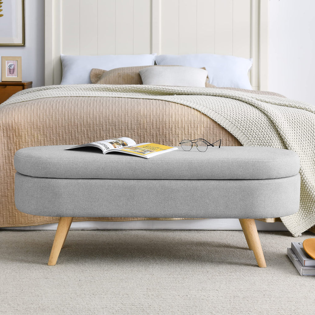 Grey Linen Oval Storage Ottoman Bench L685110